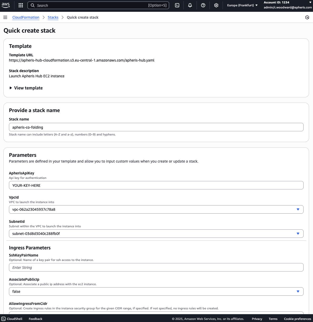 You should see a create stack form similar to the following:
Screenshot of the AWS CloudFormation Quick create stack page showing the setup for launching an Apheris Hub EC2 instance. The form includes fields for the template URL, stack name, API key, VPC ID, subnet ID, SSH key pair name, public IP association, and ingress CIDR. The environment is a web interface with a neutral, professional tone. The visible text includes instructions and example values such as apheris-co-folding for the stack name, YOUR-KEY-HERE for the API key, and vpc-062a35045937c8a8 for the VPC ID.