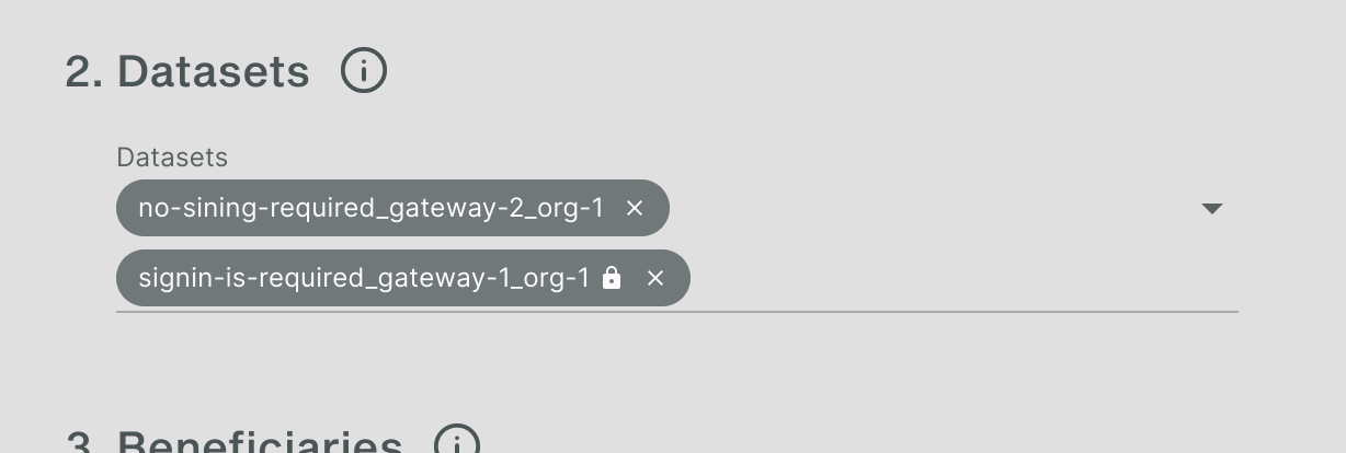 Lock icon on dataset indicates signing required during asset policy creation