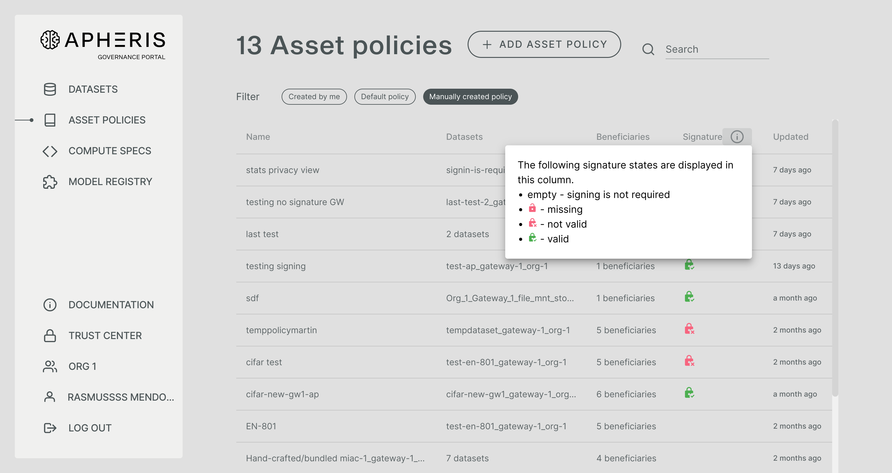 Asset Policies with different signing stati