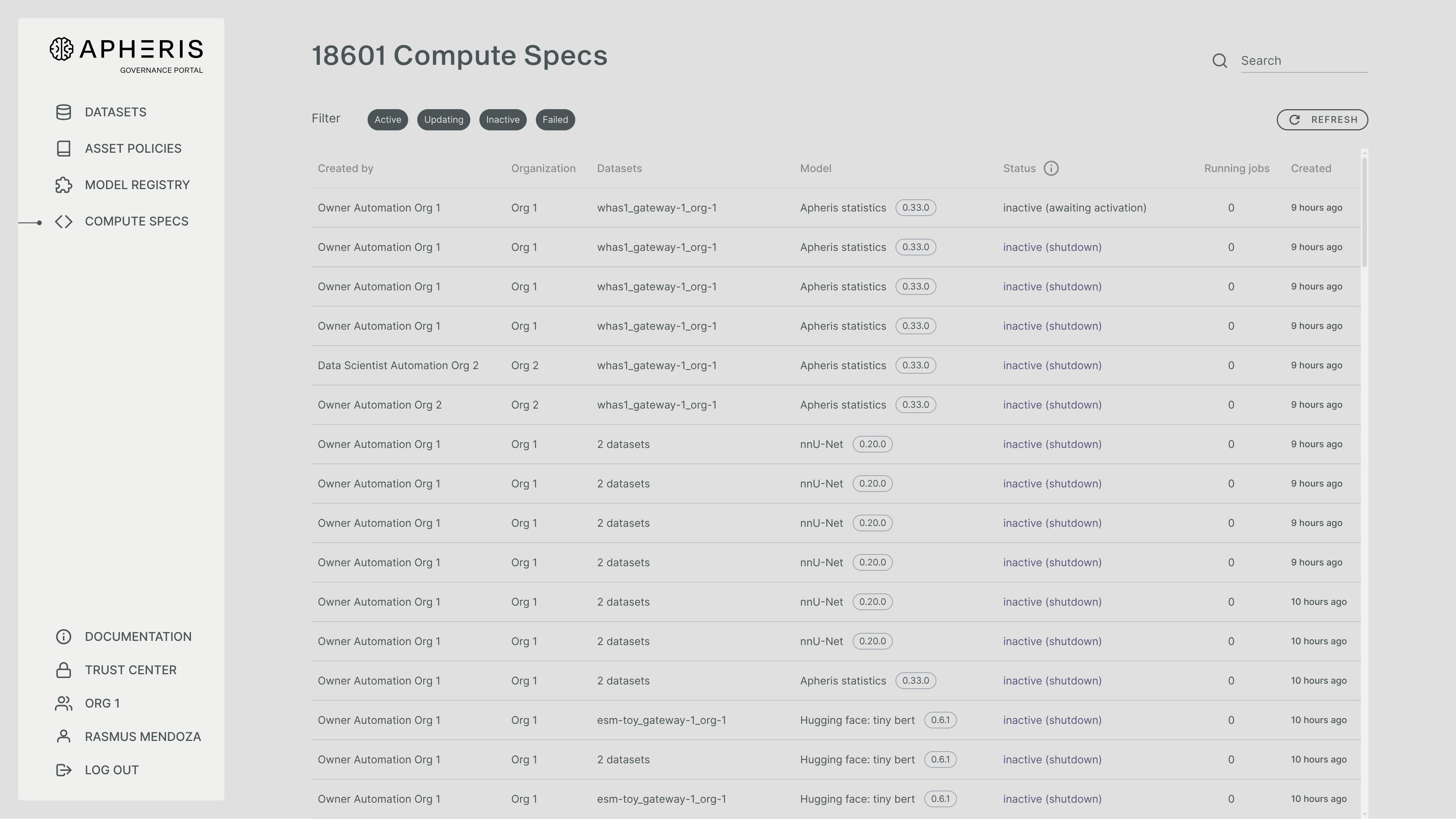 Apheris Compute Spec - list view