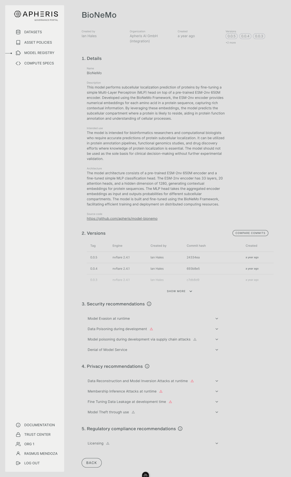 Apheris Model Registry - model view