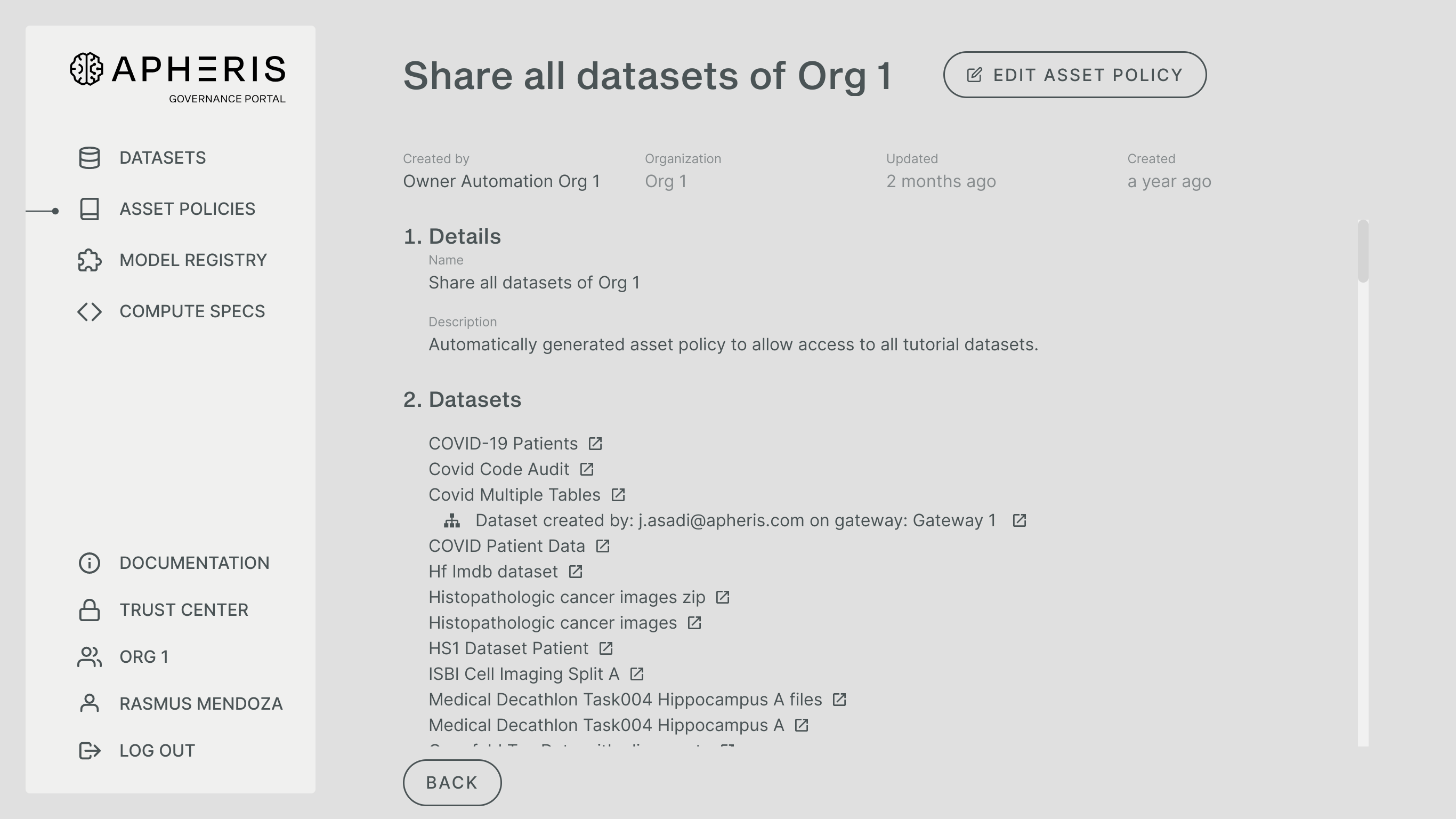 Asset Policies list datasets and derived datasets