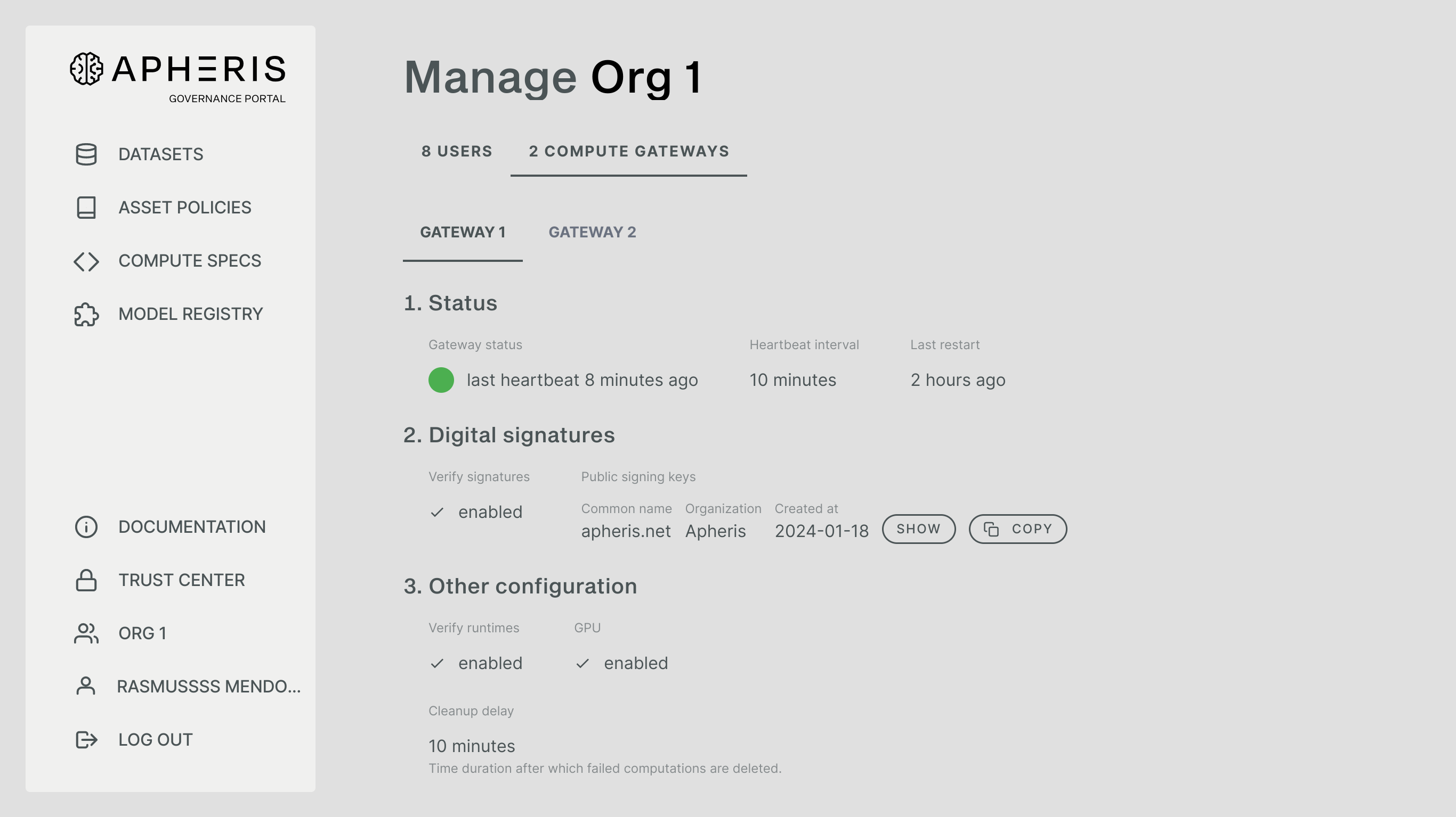 Gateway view in the Governance Portal