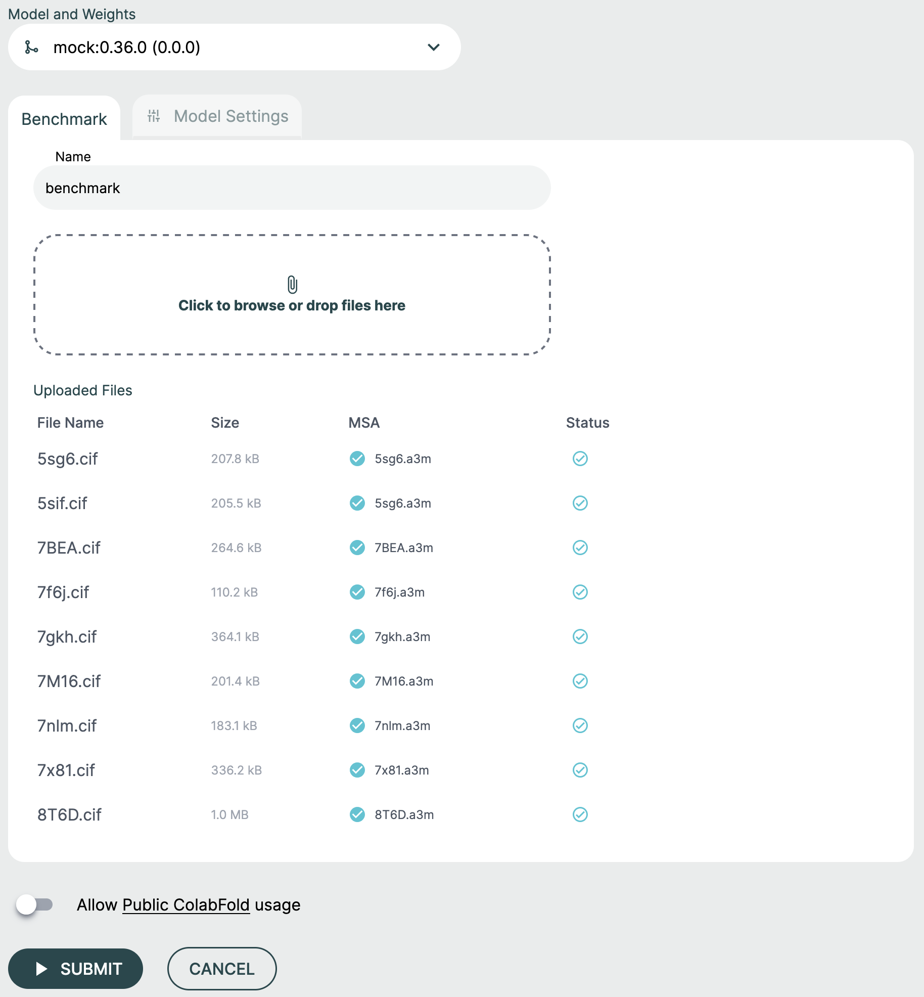 Overview of benchmarking setup page