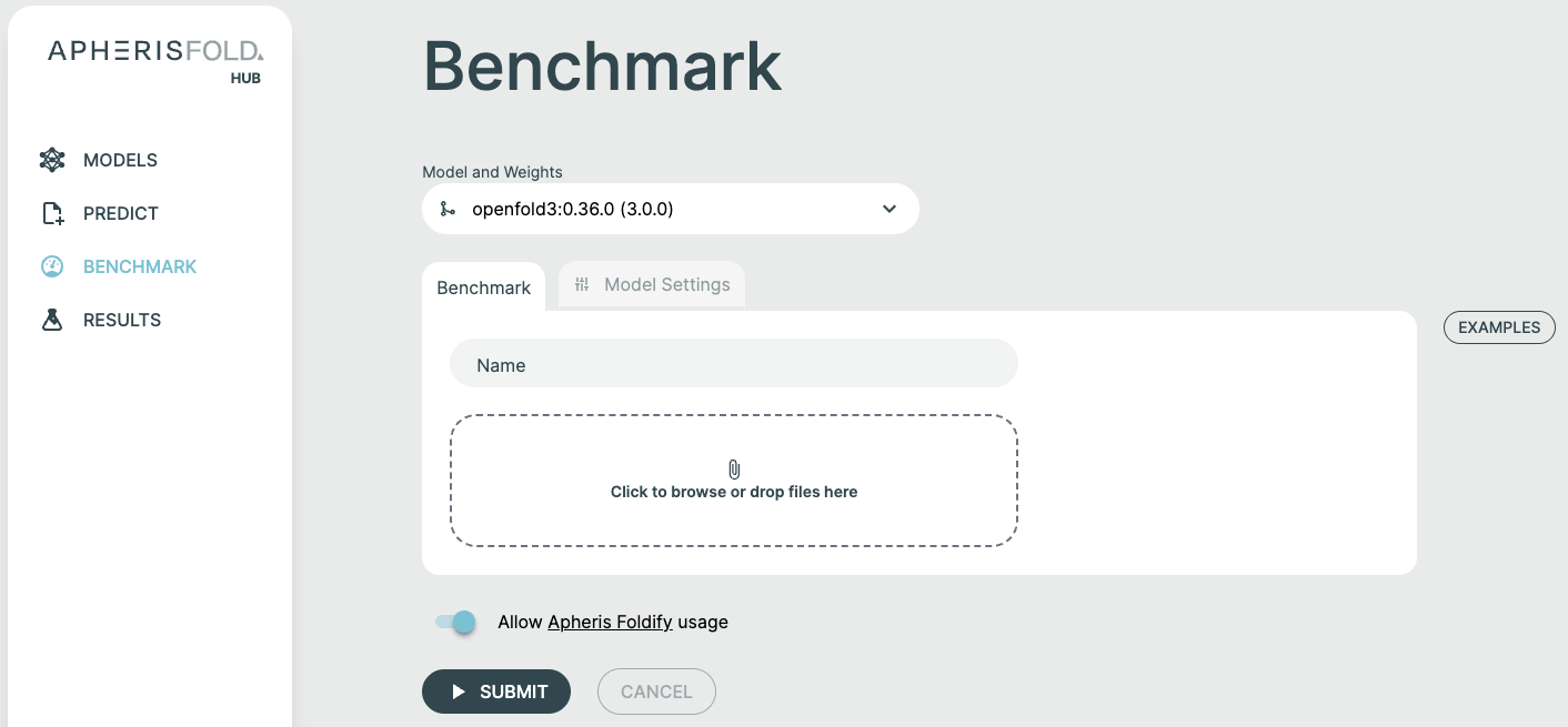 Benchmark tab in the side nav