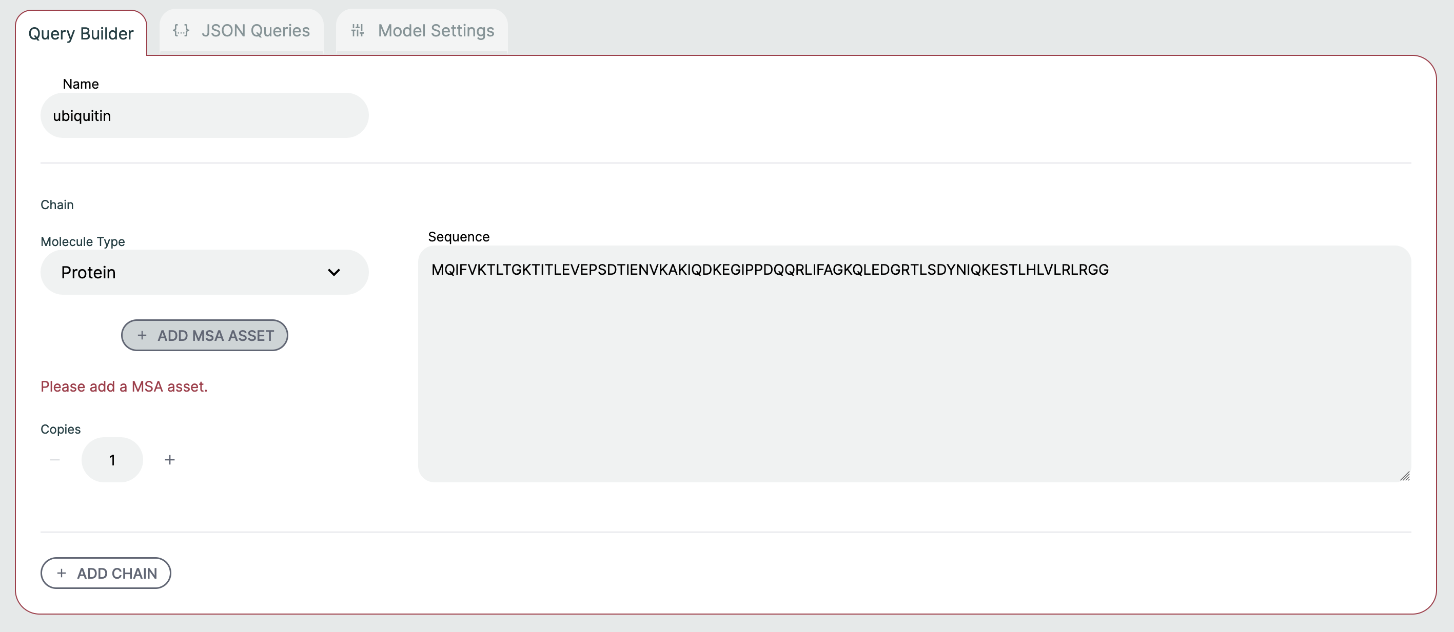 The query builder highlighting the Add MSA Asset button.