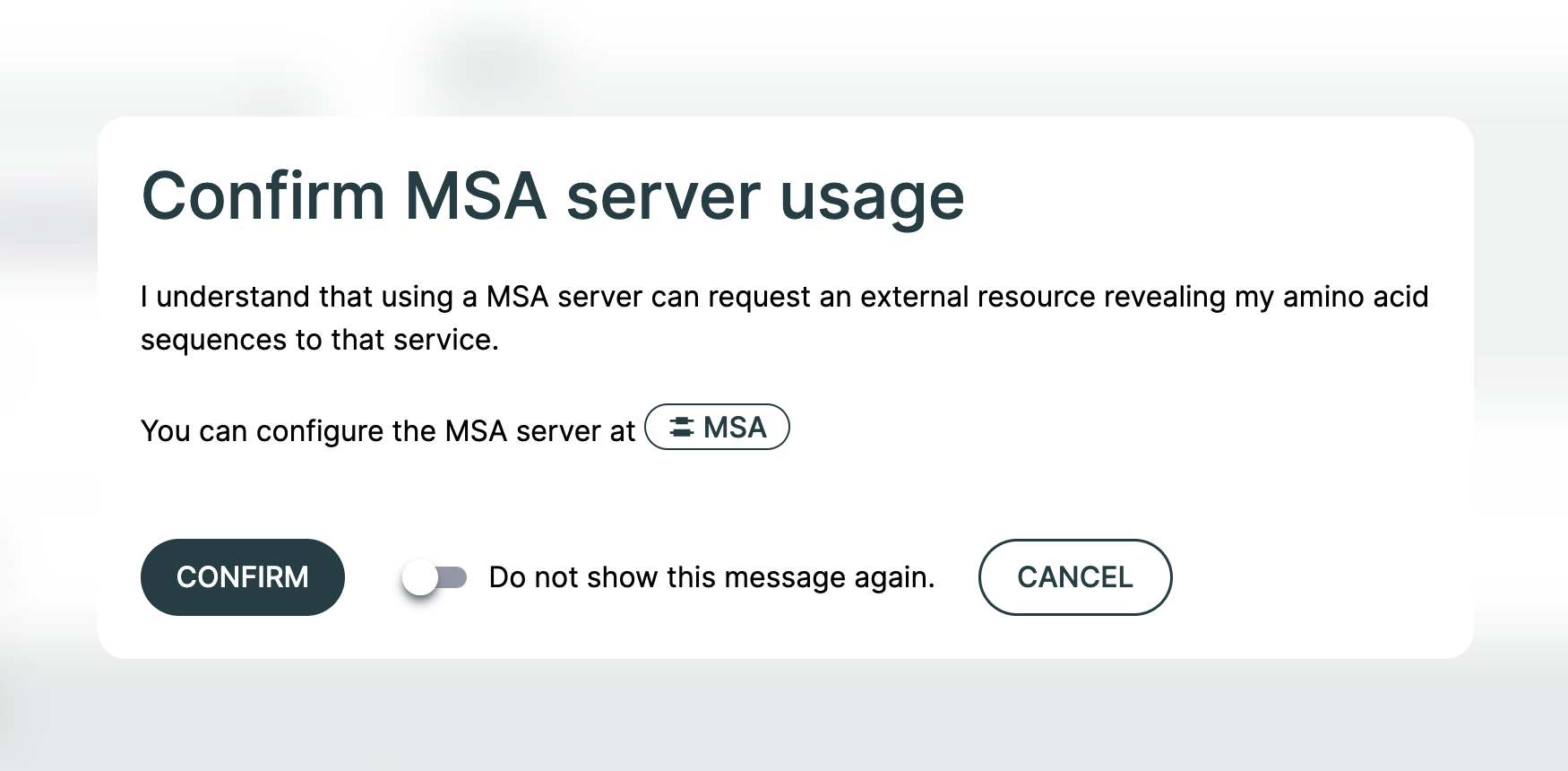 The warning displayed when enabling an MSA server