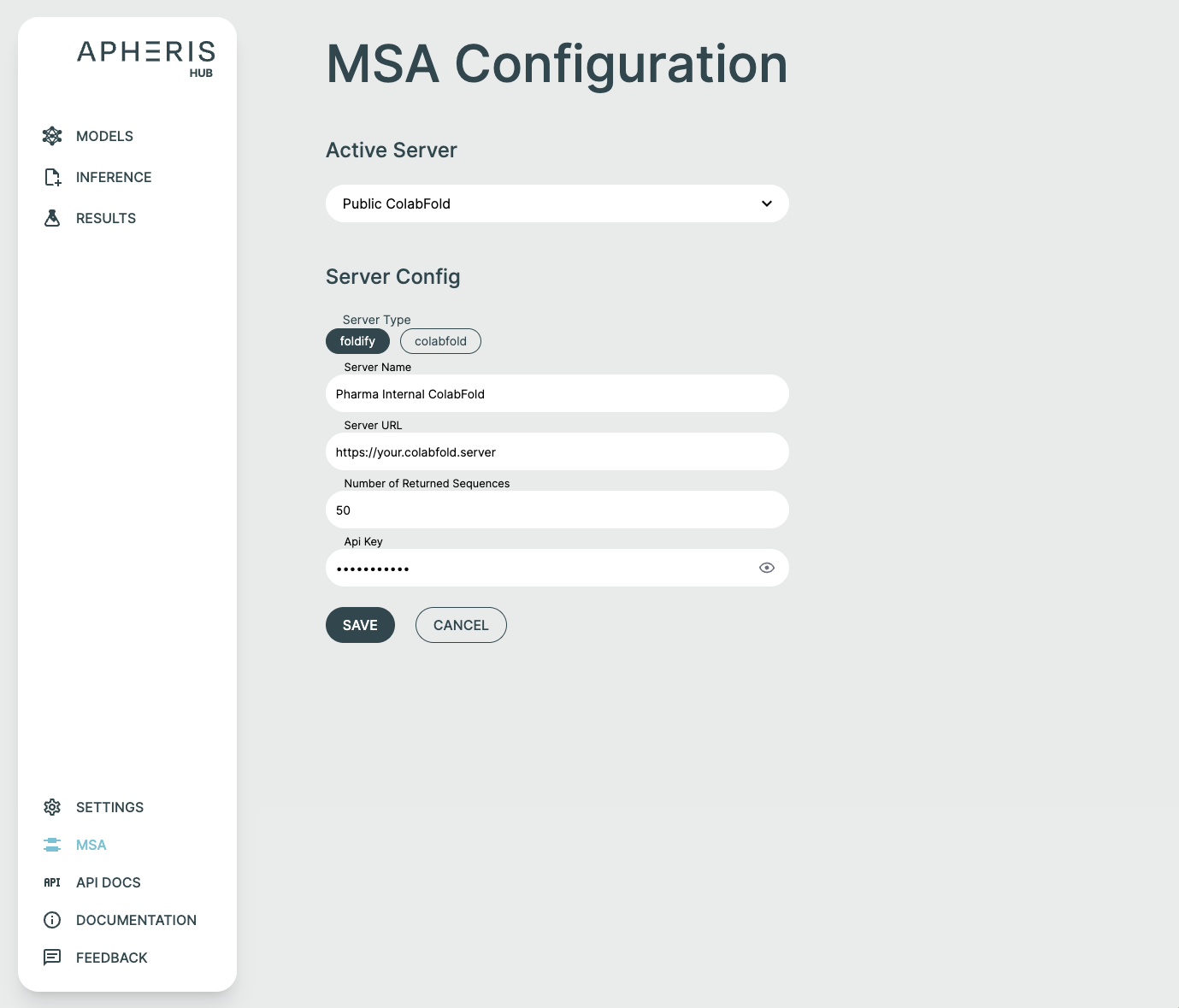 Page showing server configuration options for a custom MSA server. Shows options for configuring server type, name, url, number of returned sequences, and API key.