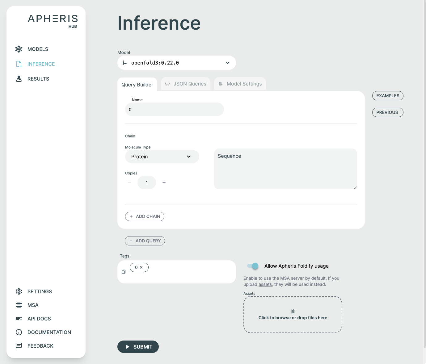 Inference interface showing a version selector dropdown menu on the top. The main content area shows parameter configuration options including a blank query builder, JSON editor tab and model settings tab.