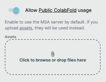 Shows a toggle switch for enabling or disabling the usage of an msa server. Also shows an assets box for adding files.