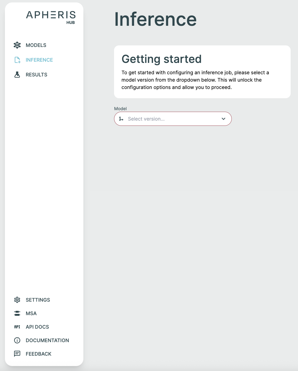 Inference interface showing a version selector dropdown menu.