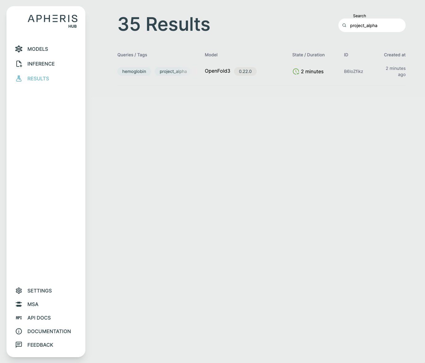 screen showing a filtered list of results with the search term project alpha in a search box in the top right